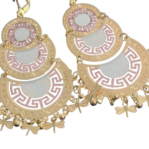 Gold Filled Womens Three Tones Greek Key Chandelier Butterfly Dangle Earrings - Picture 4 of 8